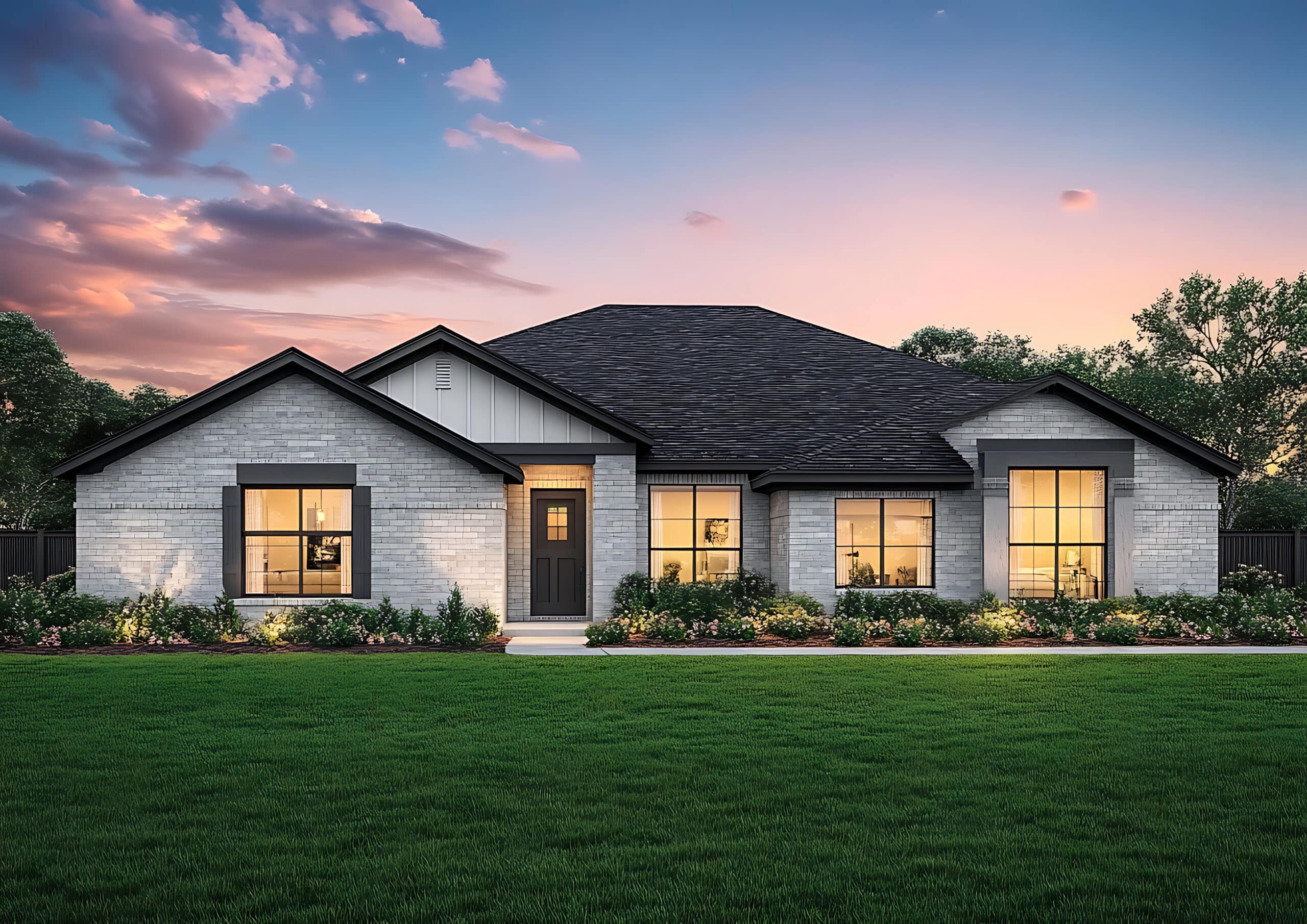 professional photograph of an almost new single story home in the midwest with a large front yard, green grass, and landscaping. professional photograph of an almost new single story home in the midwest with a large front yard, green grass, and landscaping.